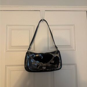 Black Patent Leather Shoulder Bag with Chain Detail